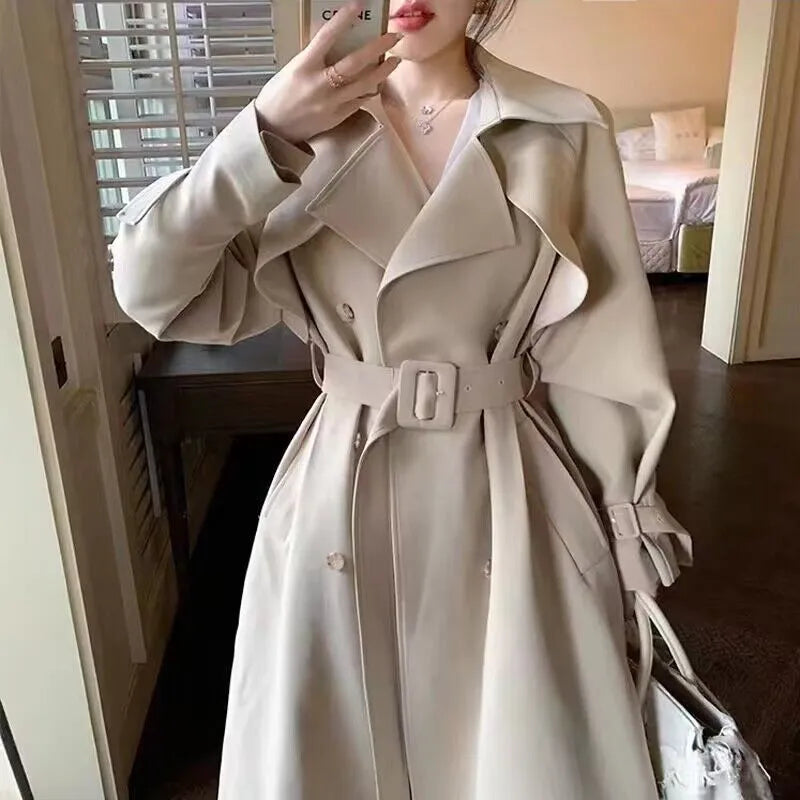 xakxx xakxx-Beige Trench Coat Women Long Windbreaker Autumn Fashion Chic British Style Double Breasted Overcoat Trench Coat For Women