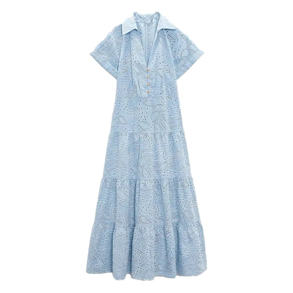 xakxx- New style women's clothing, temperament, fashion, casual, sweet, thin, lapel, short-sleeved, hollow embroidery, shirt dress