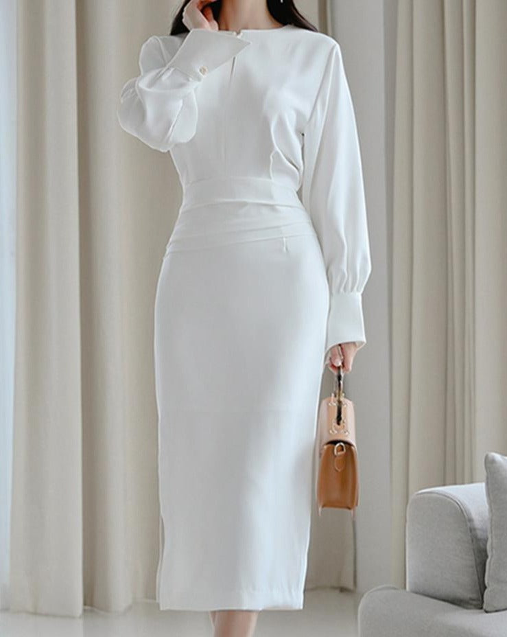 xakxx Women Chic Design Midi Dress Elegant Casual Office Lady High Wasit Fashion Slim Long Sleeve Slit Dress