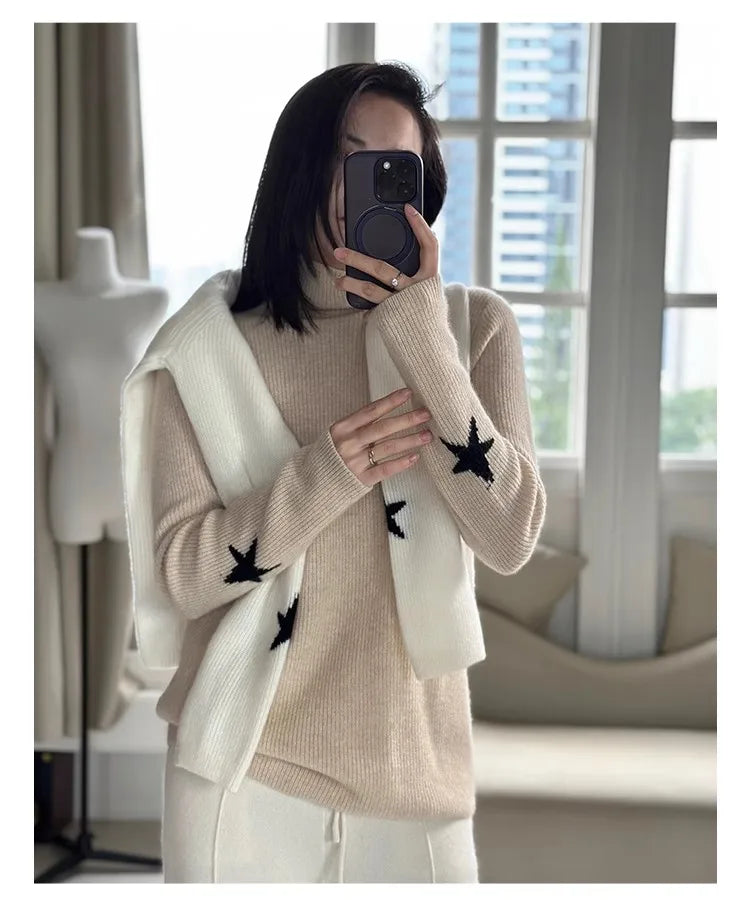 xakxx xakxx-Pure cashmere thick high-necked bottoming shirt female gold ingot needle pile collar knitted cuff star sweater