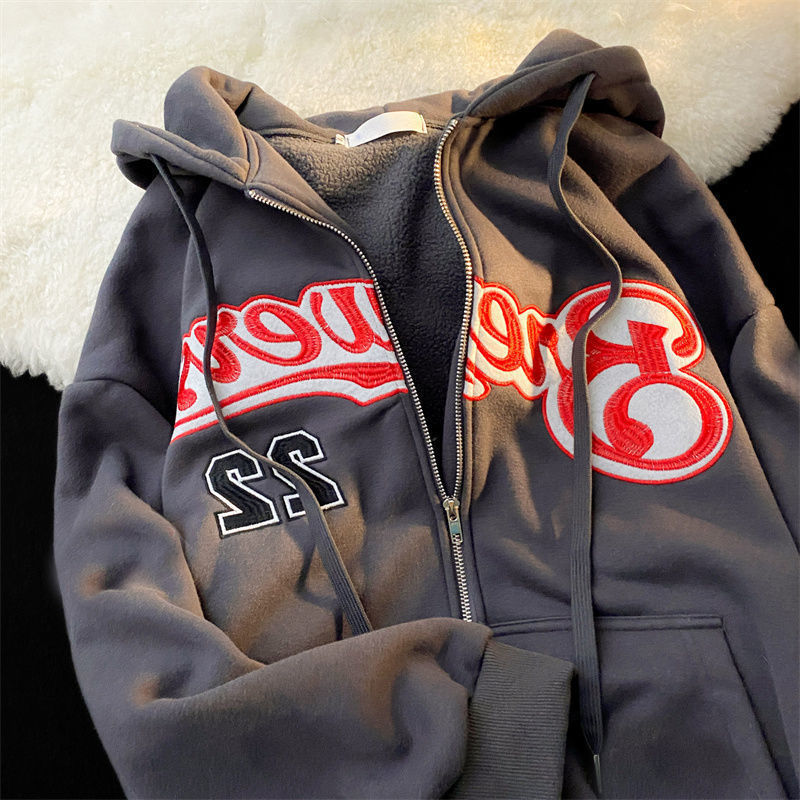 xakxx Vintage Oversized Hoodies Women Letter Printing Zip Up Sweatshirts Streetwear Casual Long Sleeve Hooded Sweatshirt Clothes Top