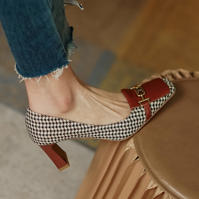 xakxx Retro Fashion Women's Shoes Thousand Bird Lattice Soft Leather Ladies Pumps Spring Square Toes Chunky Heels Female Shoes