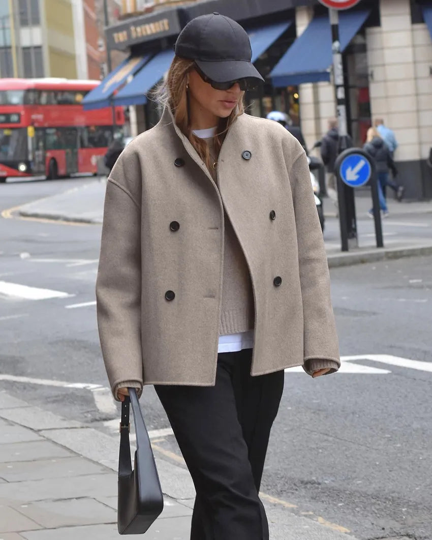 xakxx-Street Drop Shoulder Woolen Coats Stand Collar Oversize Vintage Outerwear Office Lady Brown Casual Jackets Warm