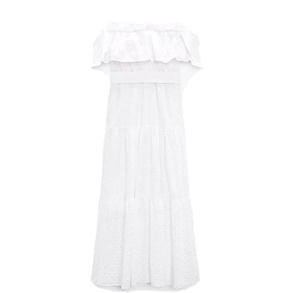 xakxx- New women's fashion casual vitality elegant same fabric belt white temperament hollow embroidery midi dress