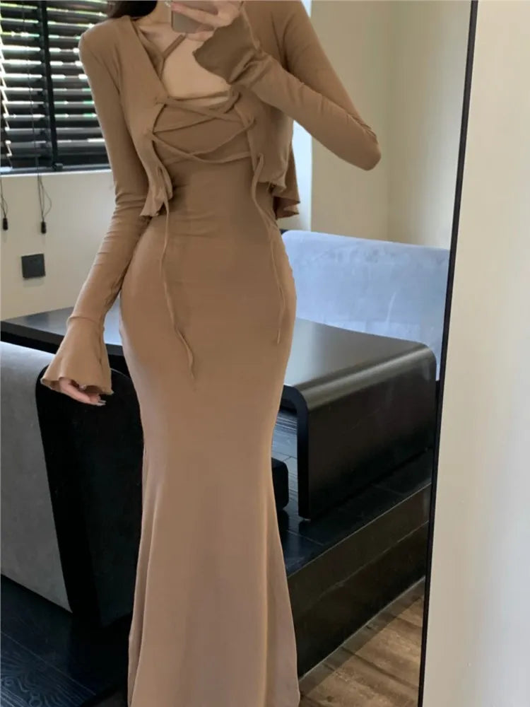 xakxx Spring Sexy Women Elegant Bodycon Dress Sets Slim Vintage Strap Party Vestidos Cardigans 2 Pieces Female Korean Fashion Outfits