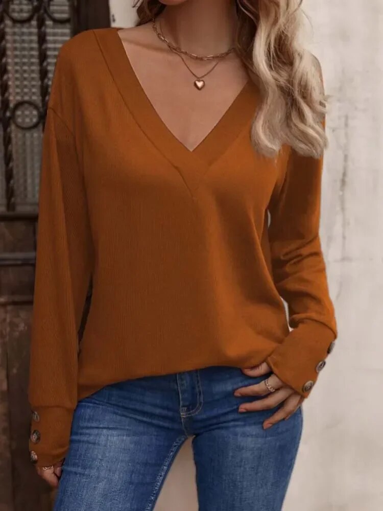 xakxx xakxx- 8 Colors Basic Pullover Women Casual V Neck Long Sleeve Tops Lady Spring Autumn Thin Blouse Clothes