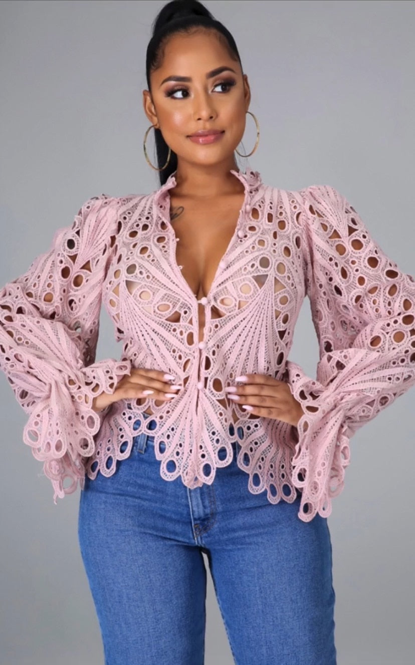 xakxx Women White Lace V Neck Hollow Out T-Shirts Long Sleeve Blouse Eyelet Embroidery Button Front Bell Sleeve Tops