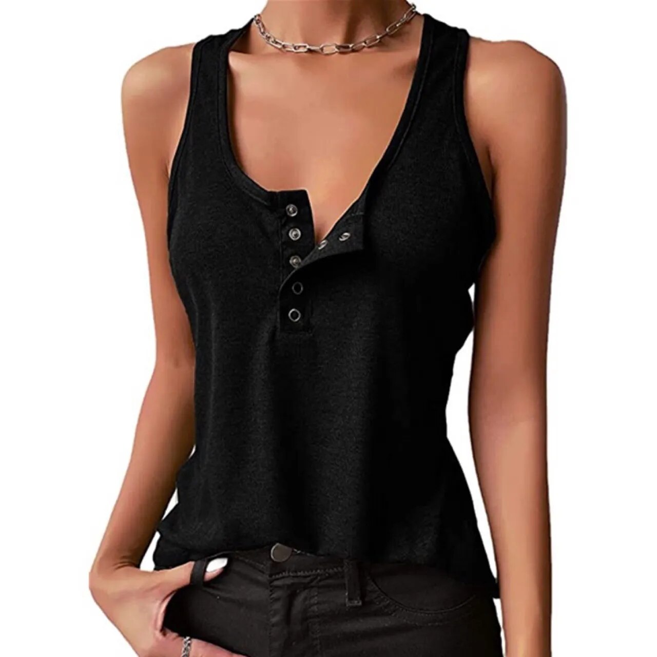 xakxx xakxx- Large Size Basic Screw Thread Tank Top Female Button Fit Sleeveless Top Casual Solid Slim Vest Women Simple Tanks T-Shirt