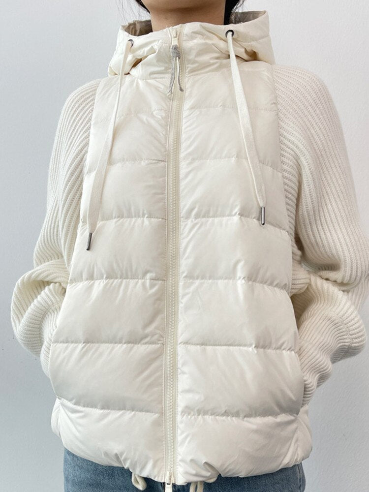 xakxx Women Knit Stitcing Hooded Down Coat Fashion Autumn Winter Female Long Sleeve Drawstring Zipper Jacket