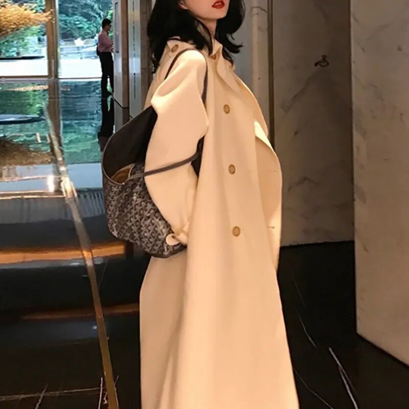 xakxx xakxx-Double-sided Tweed Coat Women Autumn Winter Fashion Loose Long Warm Black Beige Khaki Tweed Trench Coat For Women