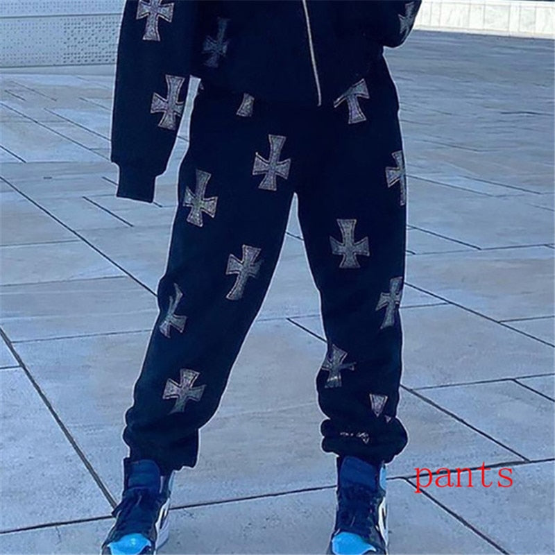 xakxx Hip Hop Sweatshirts Gothic Rhinestone Graphics Jogger Jacket Suit Y2K Long Sleeve Zip Up Oversized Men Punk Hoodie Coat Clothing