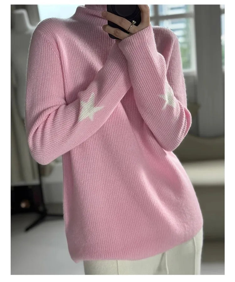 xakxx xakxx-Pure cashmere thick high-necked bottoming shirt female gold ingot needle pile collar knitted cuff star sweater