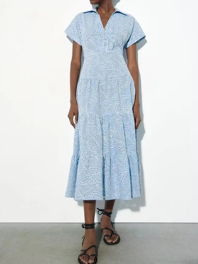 xakxx- New style women's clothing, temperament, fashion, casual, sweet, thin, lapel, short-sleeved, hollow embroidery, shirt dress