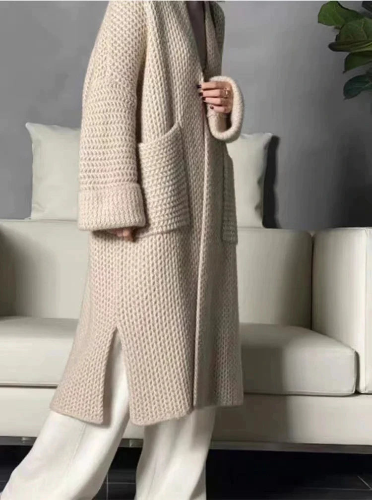 xakxx xakxx-Heavy thick cashmere cardigan women pure cashmere V-neck long twisted loose knit sweater cashmere knitting loose plus size
