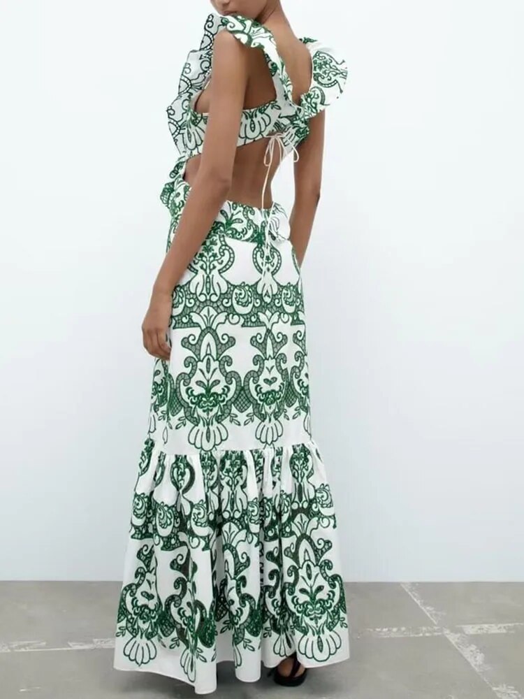 xakxx- New women's casual sexy V-neck halter tie green embroidery sleeveless layered dress 3152032
