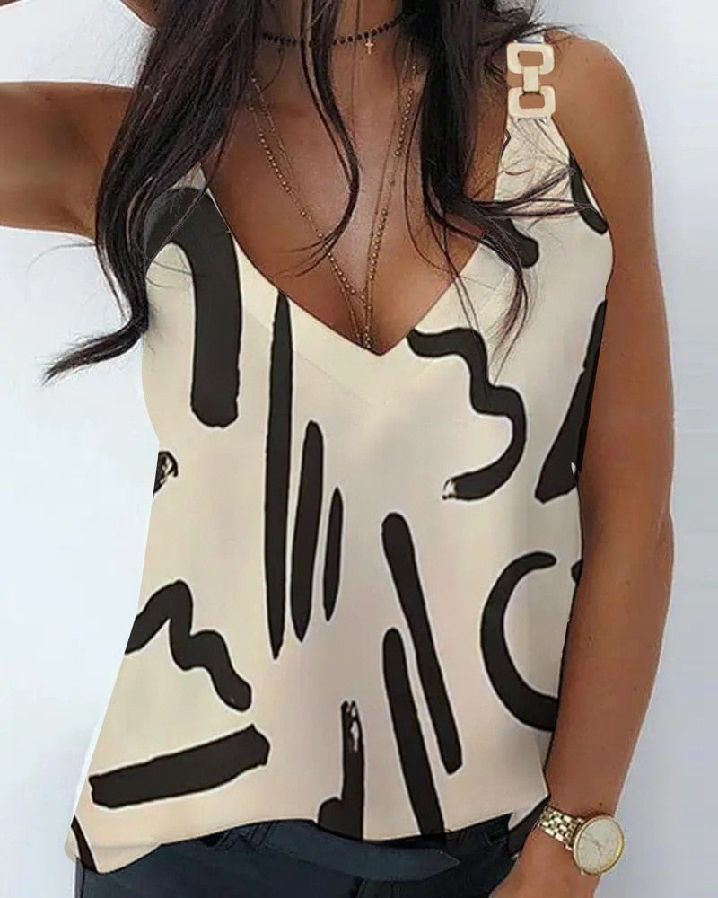 xakxx Women's Elegant Fashion Summer Sleeveless V-Neck Metal Button Print Strap Top Shirt Tank Top Women's Dress