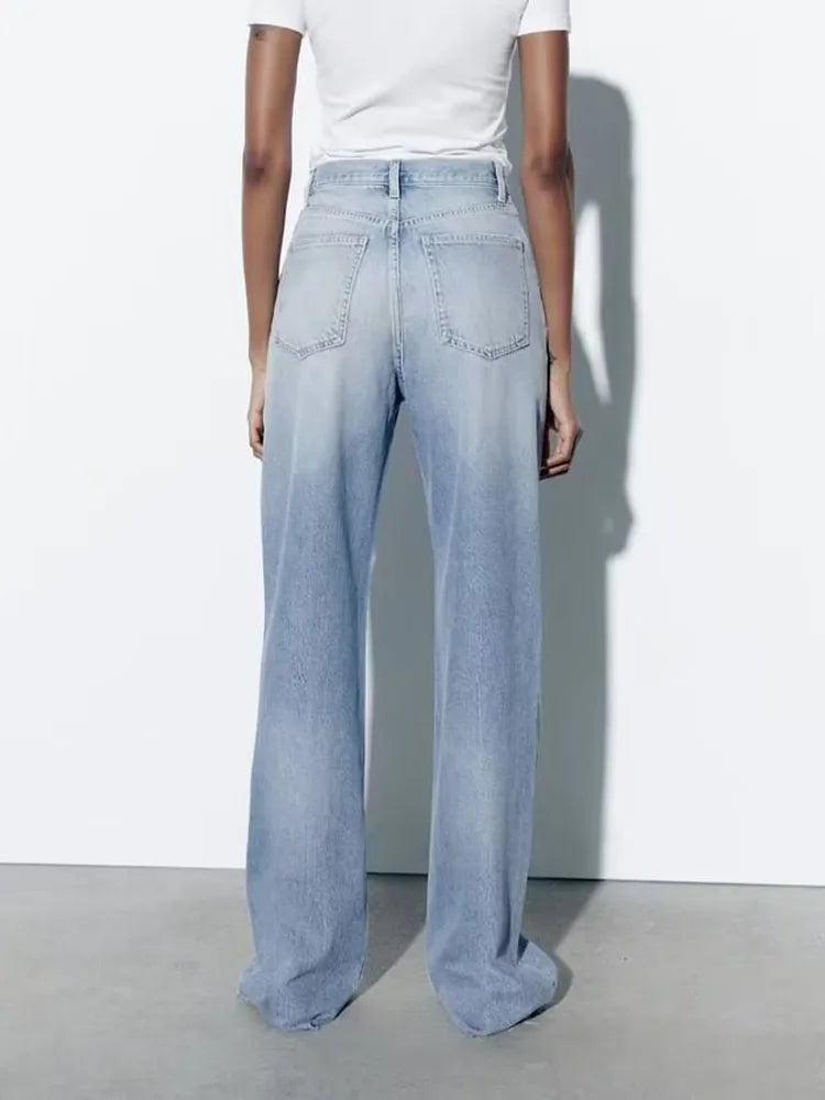 xakxx xakxx- New Women's Extra Long Wide Leg Zipper and Metal Button Closure High Waist Casual Wide Leg Jeans