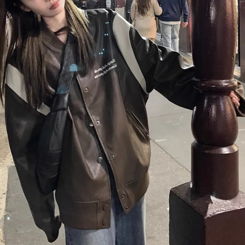 xakxx-Leather Coat Women Autumn Vintage PU Loose Coffee Baseball Jacket Fashion Black Coat For Women