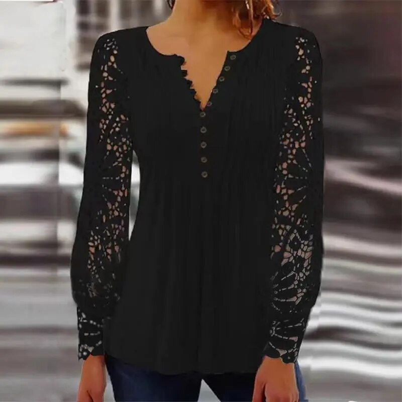 xakxx- Sexy Lace Blouses Women V Neck Hollow Out Long Sleeve Pleated Button Tops Female New Clothes Large Shirts