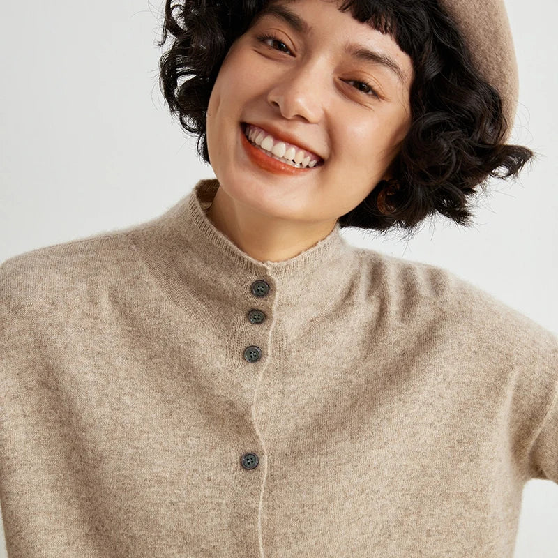 xakxx xakxx-Wool cardigan women's semi-high-necked solid color long-sleeved cashmere coat is slim and versatile knitted sweater.