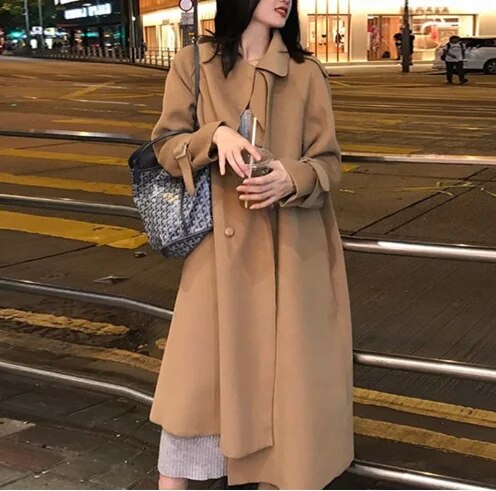 xakxx xakxx-Double-sided Tweed Coat Women Autumn Winter Fashion Loose Long Warm Black Beige Khaki Tweed Trench Coat For Women