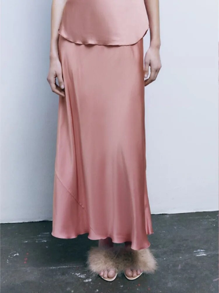 xakxx xakxx - New Women's Fashion Versatile Silk Slippery Pink Temperament Ruili Sling Top Skirt Set