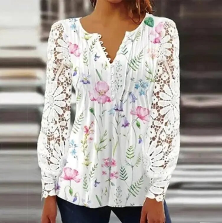 xakxx- Sexy Lace Blouses Women V Neck Hollow Out Long Sleeve Pleated Button Tops Female New Clothes Large Shirts