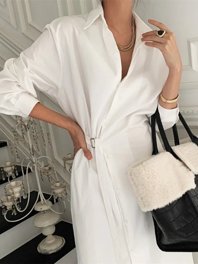 xakxx Spring Women Casual Sashes Shirt Dress Vintage A-Line Office Lady Elegant Dresses Female Midi Dress