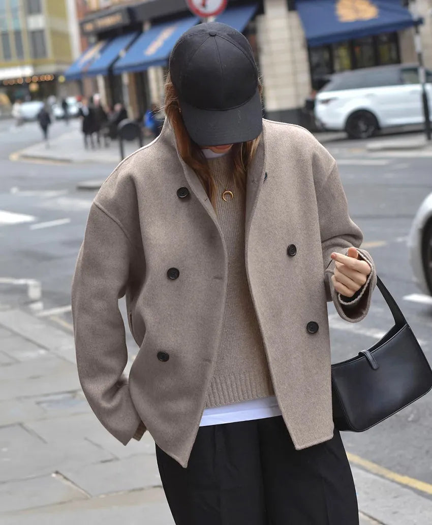 xakxx-Street Drop Shoulder Woolen Coats Stand Collar Oversize Vintage Outerwear Office Lady Brown Casual Jackets Warm