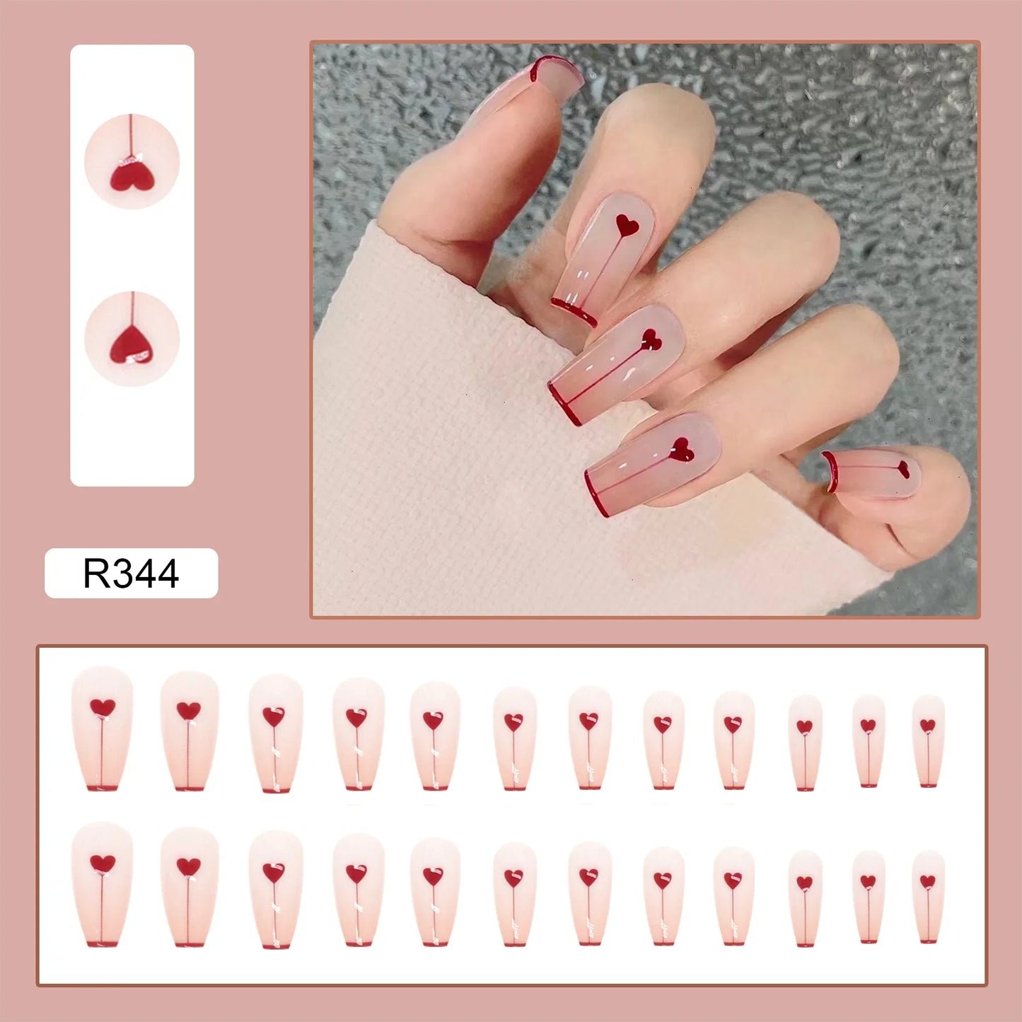 xakxx xakxx 24Pcs Charming Pink Flame Long Ballerina Wearable Fake Nails Press on Smaill Heart Full Cover Detachable Finished Fingernails