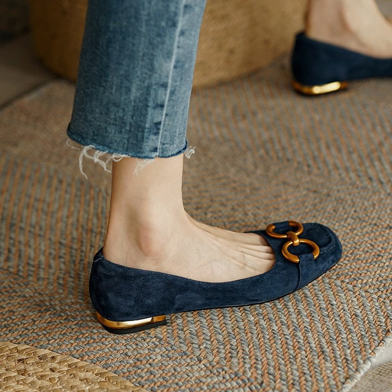 xakxx Ladies Flat Shoes Retro Square Toe Leather Loafers For Women Spring Casual Flats Elegant Metal Buckle Female Shoes