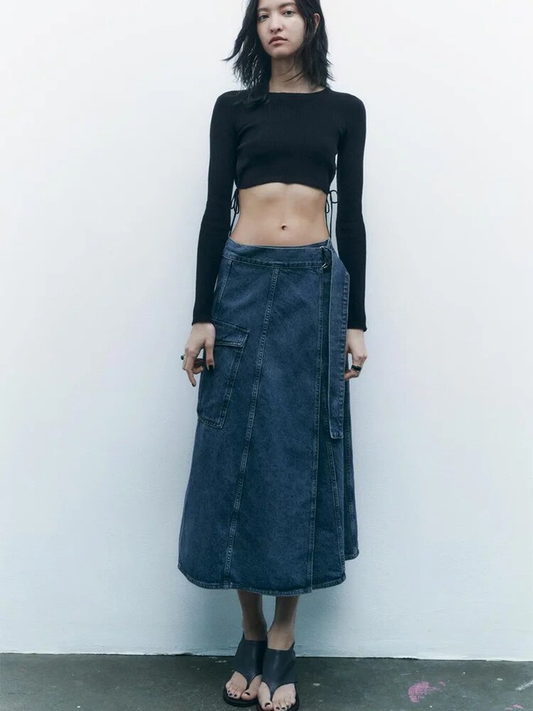 xakxx xakxx - spring new women's wrap-around type design high waist open casual hundred with belt work secti on denim skirt