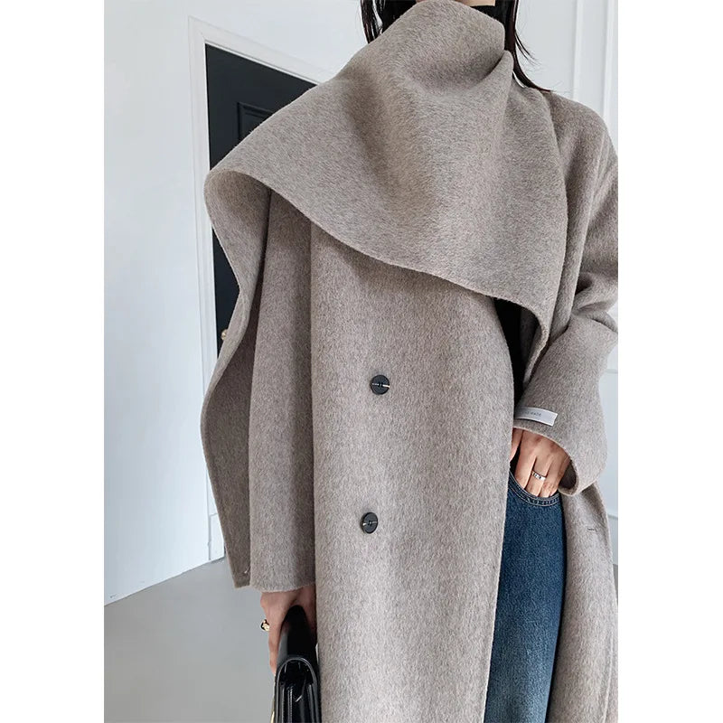 xakxx xakxx-New Fashion Scarf Collar Warm Double-sided Wool Coat Loose Women Fashion Double-breasted Long Woolen Coat Female Clothing Autumn