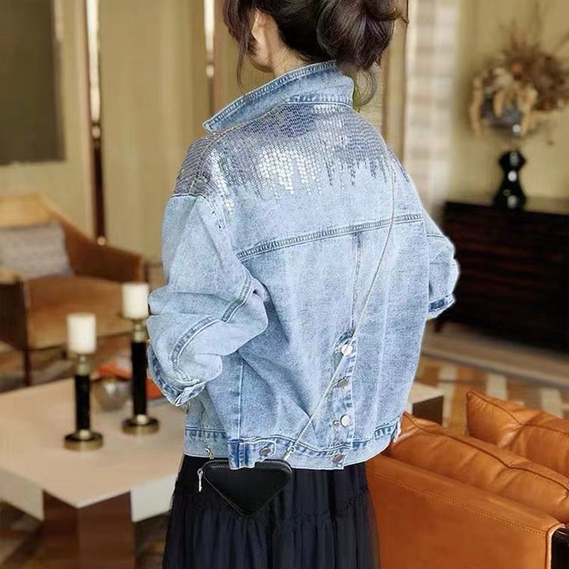 xakxx Spring Autumn Denim Jacket Women Fashion Sequin Short Lapel Jean Coats Woman Casual Full Sleeve Loose Button Coat