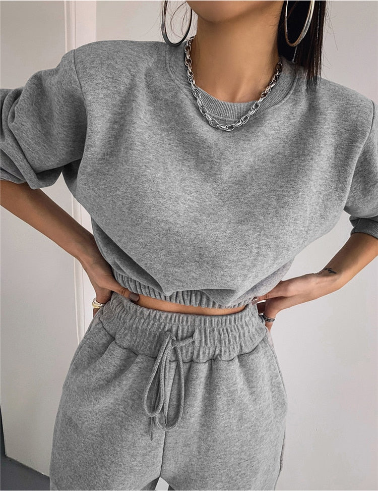 xakxx Women Pullover Hoodies Sweatshirts Suit Winter Spring Solid Casual Tracksuit Fleece 2 Pieces Set Sweatpants Quality Outfits