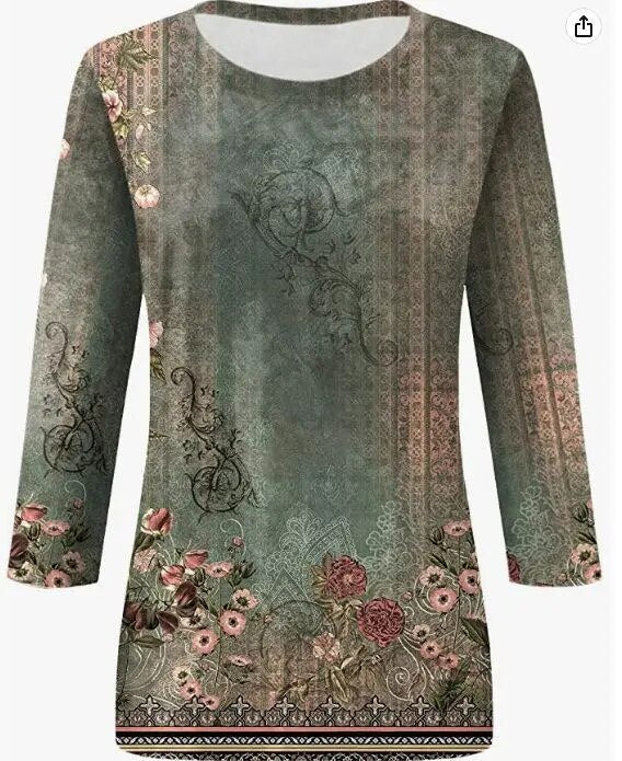 xakxx- Women Ethnic Floral Printed T Shirt Female O Neck Seven-Point Sleeve Blouse Lady Spring Summer Casual Commuter Tops