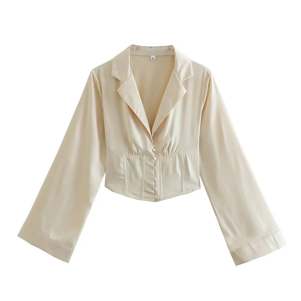 xakxx xakxx - new women's satin texture corset-style button-down polo collar top