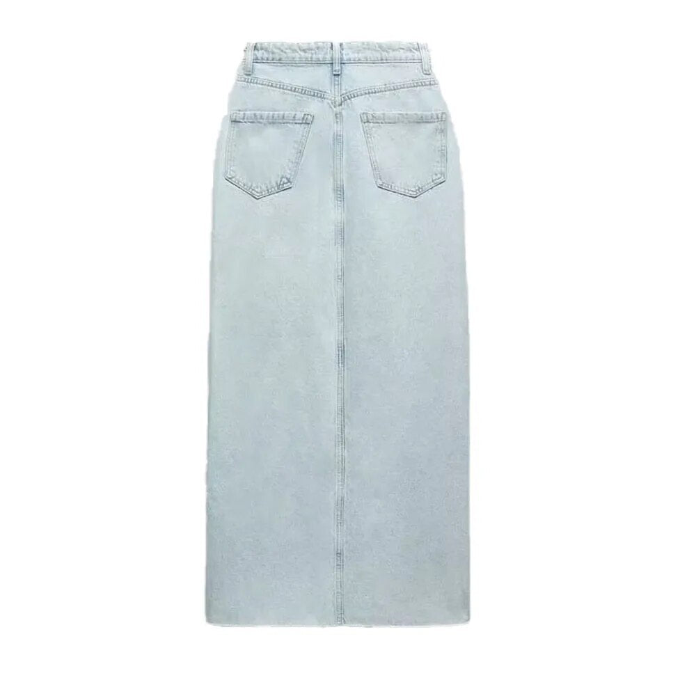 xakxx xakxx- New women's temperament fashion casual slimming front zipper and metal button closure midi denim skirt