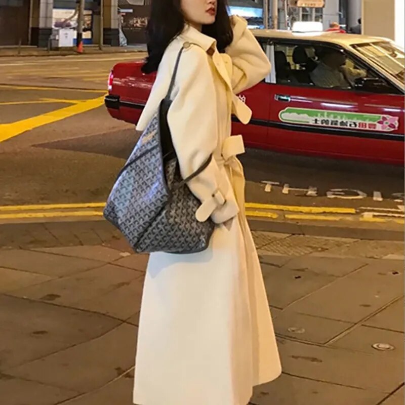 xakxx xakxx-Double-sided Tweed Coat Women Autumn Winter Fashion Loose Long Warm Black Beige Khaki Tweed Trench Coat For Women