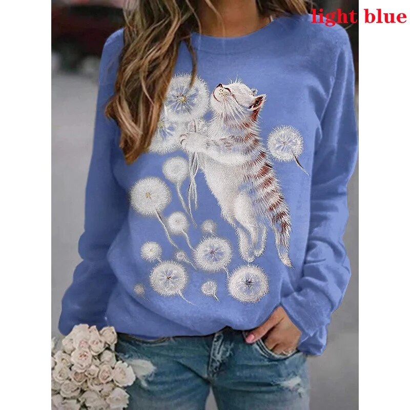 xakxx- Cartoon Cat T-Shirt Women Long Sleeve Round Neck Top Y2K Clothing Spring Autumn Casual Graphics Large Size Tee