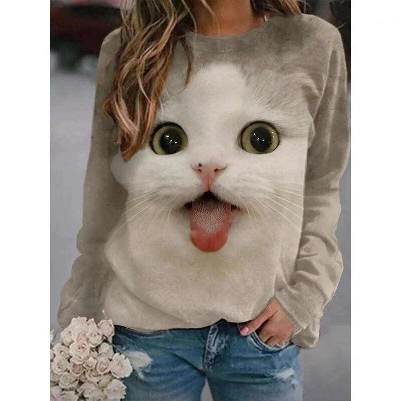 xakxx- Cartoon Cat T-Shirt Women Long Sleeve Round Neck Top Y2K Clothing Spring Autumn Casual Graphics Large Size Tee
