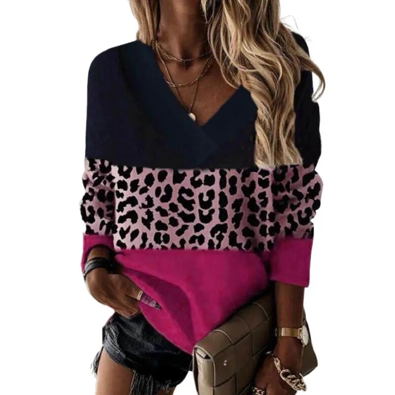 xakxx- 4 Color Patchwork Leopard Print T Shirt Women's V Neck Long Sleeved Lady Autumn Casual Pullover Leopard Tops Oversized 5XL