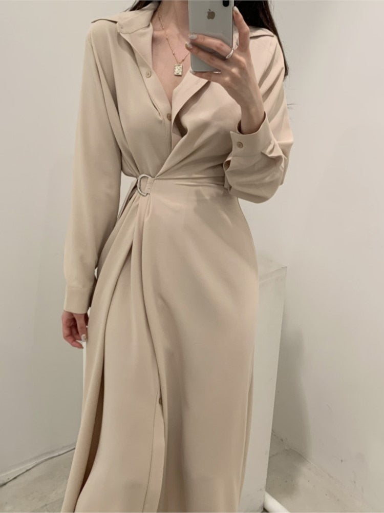xakxx Women Single Breasted Midi Lace Up Slim Solid Shirt Dress Long Sleeve Elegant Vestidos Femme