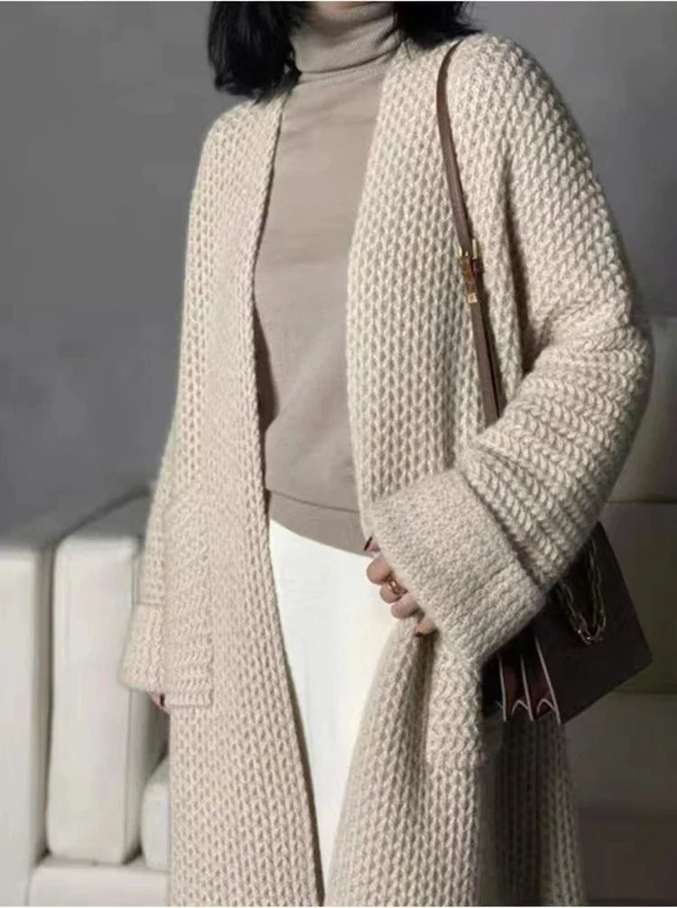 xakxx xakxx-Heavy thick cashmere cardigan women pure cashmere V-neck long twisted loose knit sweater cashmere knitting loose plus size