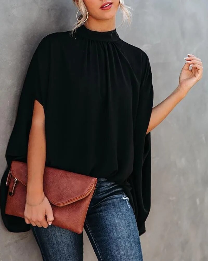 xakxx- Elegant Bat Sleeve Blouse Lady Large Size High Collar Half Sleeve t Shirt Female Autumn Party Evening Clothing
