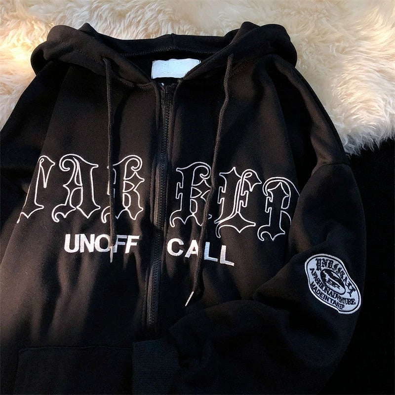 xakxx Vintage Oversized Hoodies Women Letter Printing Zip Up Sweatshirts Streetwear Casual Long Sleeve Hooded Sweatshirt Clothes Top