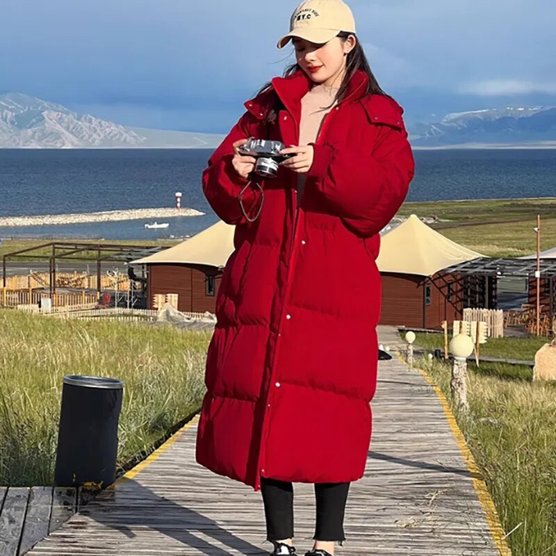 xakxx-Long Cotton Down Jacket Women Winter Thickened Loose Cotton Jacket For Women Blue Red White Black Khaki Plus Size 3XL