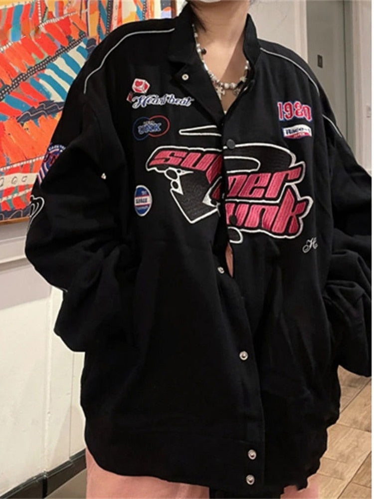 xakxx Gothic Punk Embroidery Sweatshirts Women Harajuku Zip Up Oversize Hoodies Black Loose Casual Tops Jacket Vintage Hippie