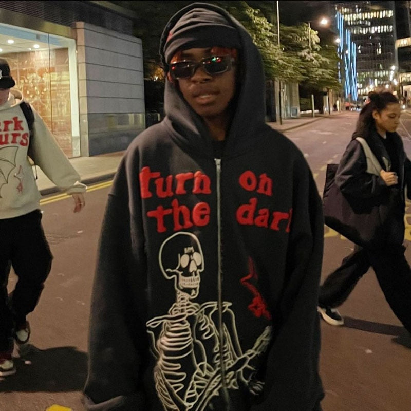 xakxx Men's Hoodies Hip Hop Skeleton Print Long Sleeve Oversized Sweatshirts Tops Y2k Gothic Grunge Zip Up Hoodie Jacket Streetwear