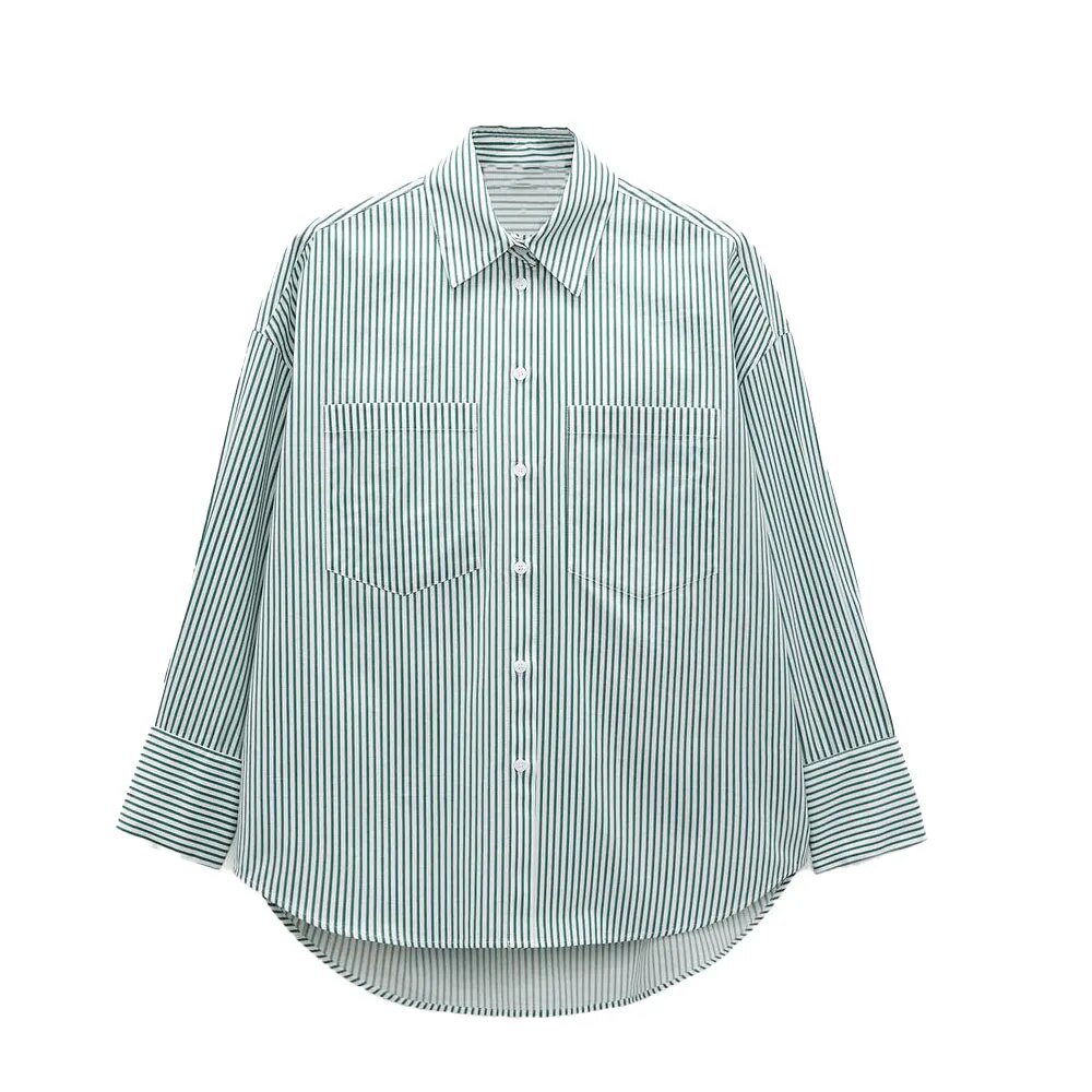 xakxx xakxx - New women's long-sleeved lapel shirt with patch pocket stripe loose poplin shirt on the front